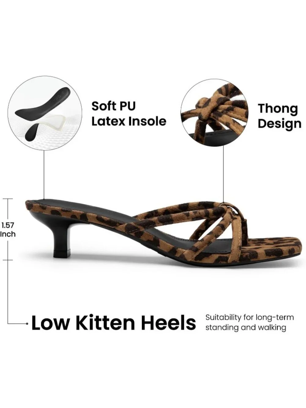 Athlefit Women's Leopard Polyurethane Kitten Square Toe Strappy Flip Low Heels